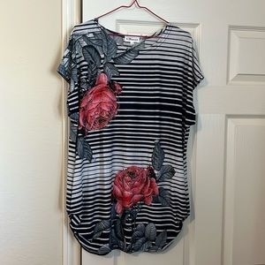 Navy and white blouse with pink glittery flowers